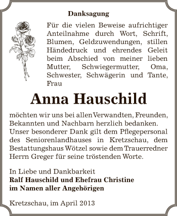 Traueranzeige von Anna Hauschild von Super Sonntag Zeitz