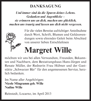 Traueranzeige von Margret Wille von Super Sonntag Aschersleben