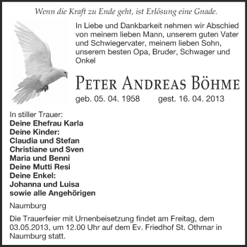 Traueranzeige von Peter Andreas Böhme von WVG - Wochenspiegel NMB / WSF / ZTZ