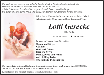 Traueranzeige von Lotti Gerecke von WVG - Wochenspiegel Quedlinburg