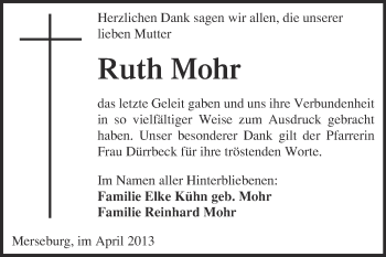 Traueranzeige von Ruth Mohr von Super Sonntag Merseburg