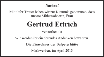 Traueranzeige von Gertrud Ettrich von WVG - Wochenspiegel NMB / WSF / ZTZ