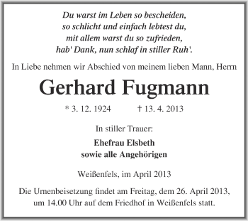 Traueranzeige von Gerhard Fugmann von Super Sonntag Merseburg