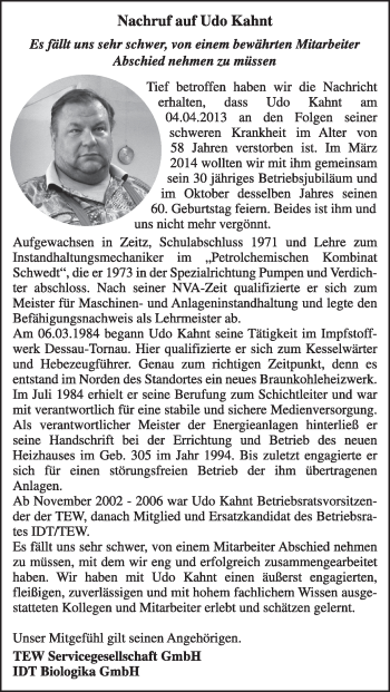 Traueranzeige von Udo Kahnt von Super Sonntag Dessau / Köthen
