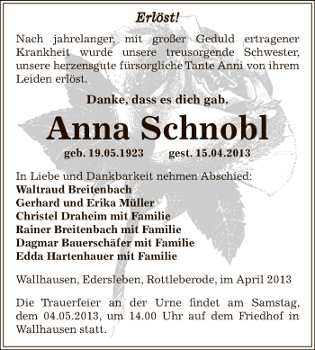 Traueranzeige von Anna Schnobl von WVG - Wochenspiegel SGH
