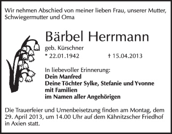 Traueranzeige von Bärbel Herrmann von WVG - Wochenspiegel Wittenberg