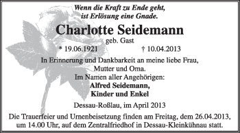 Traueranzeige von Charlotte Seidemann von Super Sonntag Dessau / Köthen