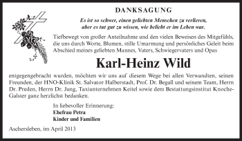 Traueranzeige von Karl-Heinz Wild von WVG - Wochenspiegel Aschersleben