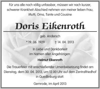 Traueranzeige von Doris Eikenroth von WVG - Wochenspiegel Quedlinburg