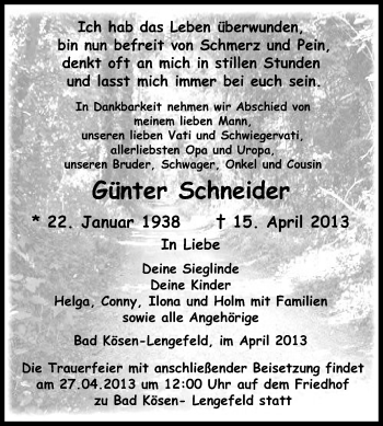 Traueranzeige von Günter Schneider von WVG - Wochenspiegel NMB / WSF / ZTZ