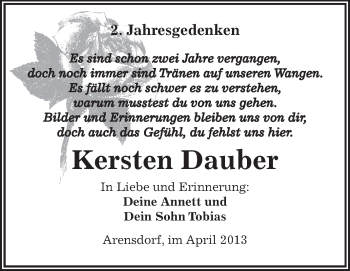 Traueranzeige von Kersten Dauber von WVG - Wochenspiegel Dessau / Köthen