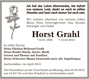Traueranzeige von Horst Grahl von Super Sonntag SGH Mansf. Land