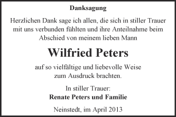 Traueranzeige von Wilfried Peters von Super Sonntag Quedlinburg