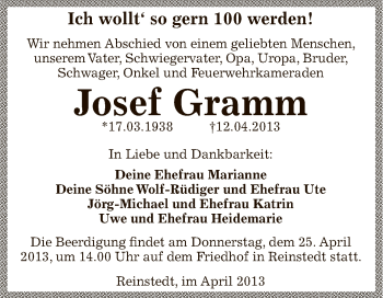 Traueranzeige von Josef Gramm von Super Sonntag SGH Mansf. Land