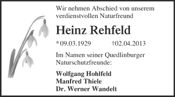 Traueranzeige von Heinz Rehfeld von WVG - Wochenspiegel Quedlinburg
