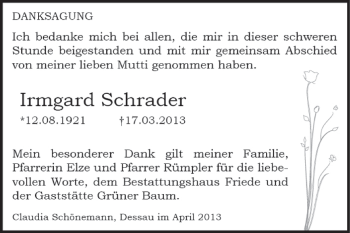 Traueranzeige von Irmgard Schrader von Super Sonntag Dessau / Köthen