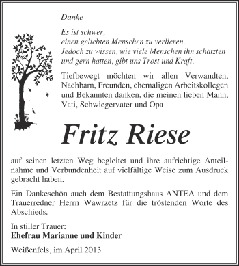 Traueranzeige von Fritz Riese von WVG - Wochenspiegel NMB / WSF / ZTZ