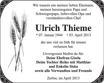 Traueranzeige von Ulrich Thieme von Super Sonntag Dessau / Köthen