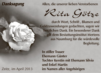 Traueranzeige von Rita Götze von Super Sonntag Zeitz