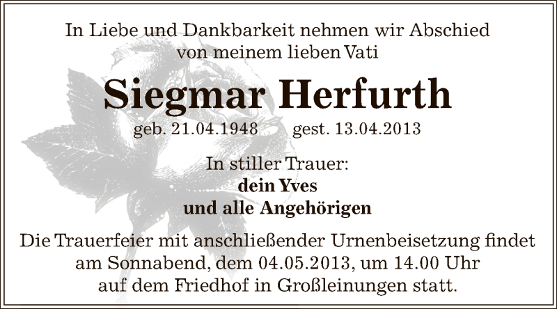  Traueranzeige für Siegmar Herfurth vom 28.04.2013 aus Super Sonntag SGH Mansf. Land