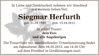 Traueranzeige von Siegmar Herfurth von Super Sonntag SGH Mansf. Land