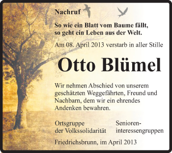 Traueranzeige von Otto Blümel von WVG - Wochenspiegel Quedlinburg