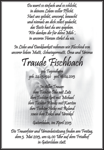 Traueranzeige von Traude Fischbach von Super Sonntag Aschersleben