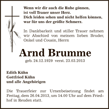 Traueranzeige von Arnd Brumme von Super Sonntag Zeitz