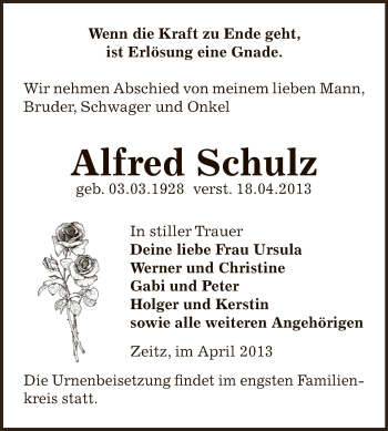Traueranzeige von Alfred Schulz von Super Sonntag Zeitz
