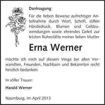 Traueranzeige von Erna Werner von WVG - Wochenspiegel NMB / WSF / ZTZ