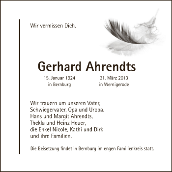 Traueranzeige von Gerhard Ahrendts von Super Sonntag Bernburg