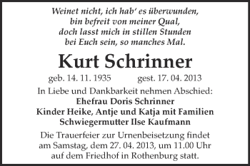 Traueranzeige von Kurt Schrinner von Super Sonntag Halle