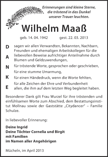 Traueranzeige von Wilhelm Maaß von WVG - Wochenspiegel Merseburg