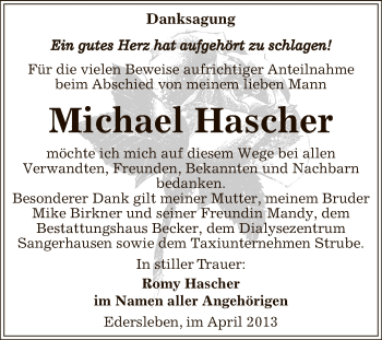 Traueranzeige von Michael Hascher von Super Sonntag SGH Mansf. Land