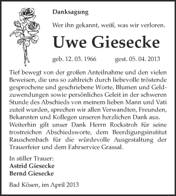 Traueranzeige von Uwe Giesecke von WVG - Wochenspiegel NMB / WSF / ZTZ