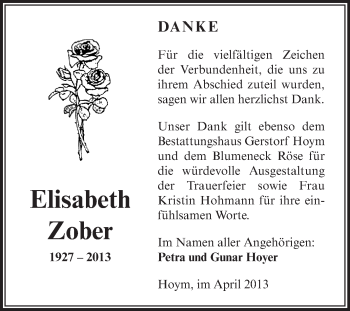 Traueranzeige von Elisabeth Zober von Super Sonntag Aschersleben