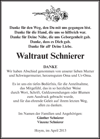 Traueranzeige von Waltraut Schnierer von Super Sonntag Aschersleben