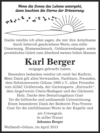 Traueranzeige von Karl Berger von WVG - Wochenspiegel Dessau / Köthen