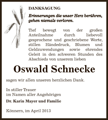 Traueranzeige von Oswald Schnecke von Super Sonntag Bernburg