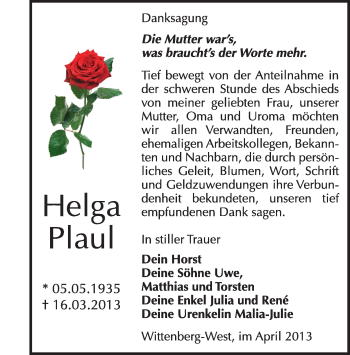 Traueranzeige von Helga Plaul von WVG - Wochenspiegel Wittenberg