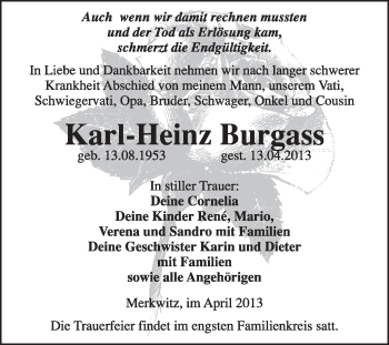 Traueranzeige von Karl-Heinz Burgass von WVG - Wochenspiegel Wittenberg