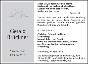 Traueranzeige von Gerald Brückner von WVG - Wochenspiegel Wittenberg