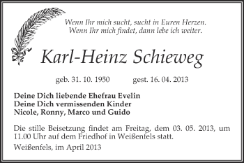 Traueranzeige von Karl-Heinz Schieweg von WVG - Wochenspiegel NMB / WSF / ZTZ