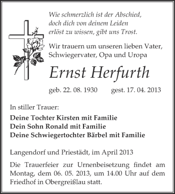 Traueranzeige von Ernst Herfurth von WVG - Wochenspiegel NMB / WSF / ZTZ