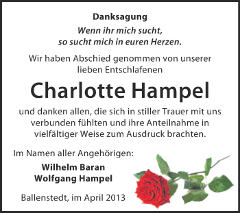 Traueranzeige von Charlotte Hampel von WVG - Wochenspiegel Quedlinburg