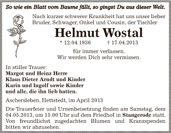 Traueranzeige von Helmut Wostal von Wochenspiegel Mansfelder Land