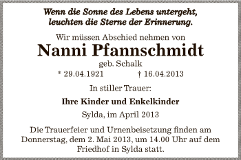 Traueranzeige von Nanni Pfannschmidt von Wochenspiegel Mansfelder Land