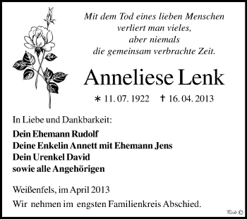 Traueranzeige von Anneliese Lenk von WVG - Wochenspiegel NMB / WSF / ZTZ