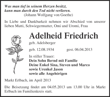 Traueranzeige von Adelheid Friedrich von WVG - Wochenspiegel NMB / WSF / ZTZ