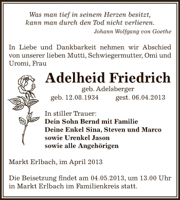 Traueranzeige von Adelheid Friedrich von Super Sonntag Zeitz